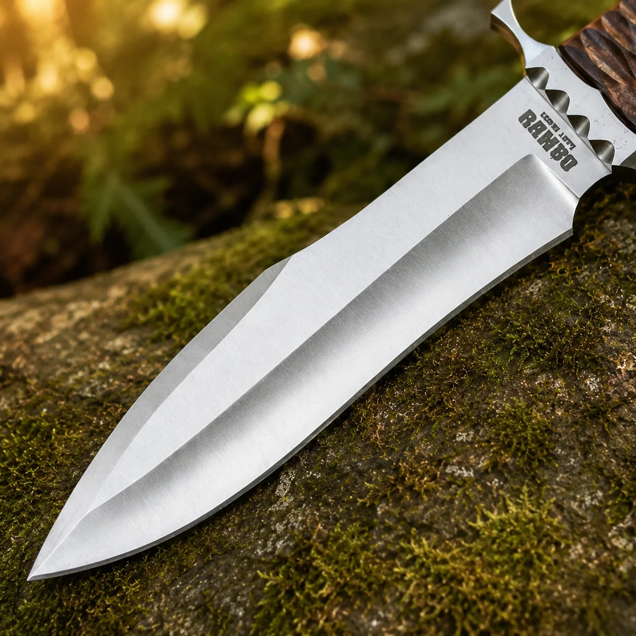 Rambo V Last Blood Heartstopper knife prop replica ultra-slim profile spine view on mossy log in sunlit green forest showing full silver satin display finish double-edged dagger blade profile with dark walnut crosshatch handle silver steel double crossguard and olive green paracord lanyard – Rambo V Last Blood cosplay prop fan gift