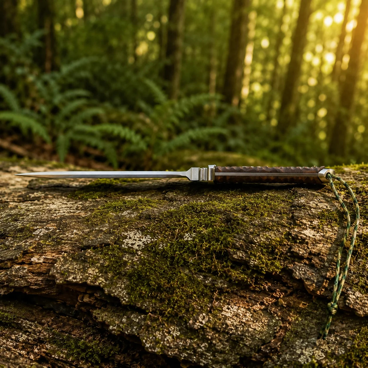Rambo V Last Blood Heartstopper knife prop replica alternate hero view on mossy log in sunlit green forest showing full silver satin display finish double-edged dagger blade with dual hollow grind RAMBO LAST BLOOD engraving dark walnut crosshatch handle and silver steel double crossguard – Sylvester Stallone Rambo V fan gift display piece
