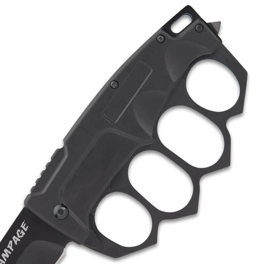 Rampage Trench Folding Knife black collector piece with black finish, knuckle-style handle, visible clip, screw details, and compact display presentation