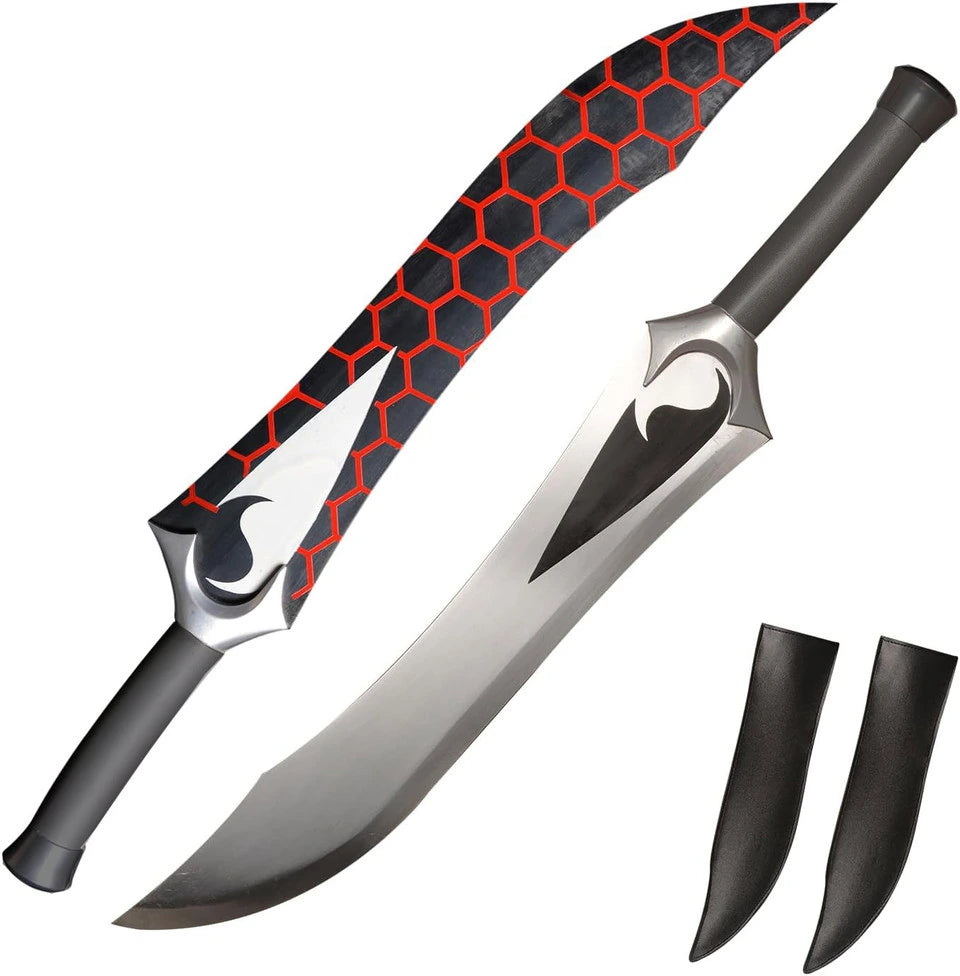 Red honeycomb fantasy machete sword set with black nylon sheaths displayed on white background showing both blade variants with protective covers