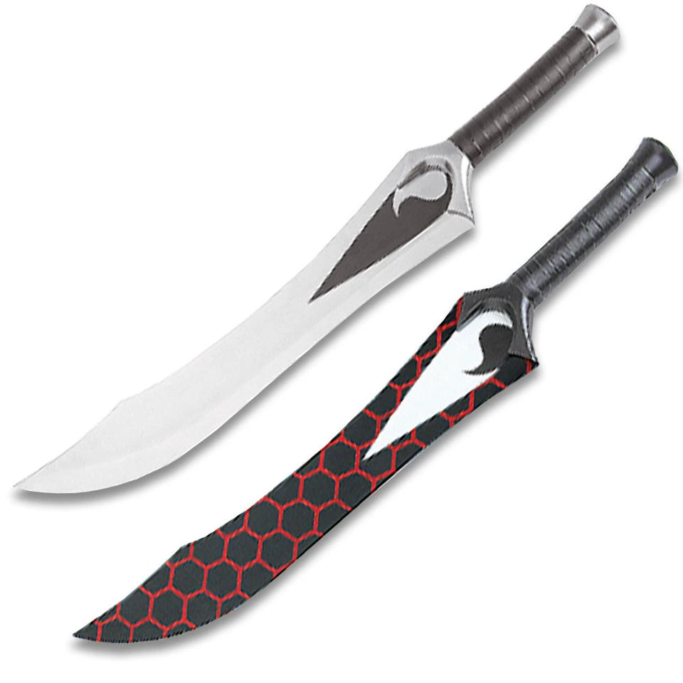 Dual red honeycomb fantasy machete swords displayed on wooden stand against silver curtain backdrop showing for display only prop replica collectible
