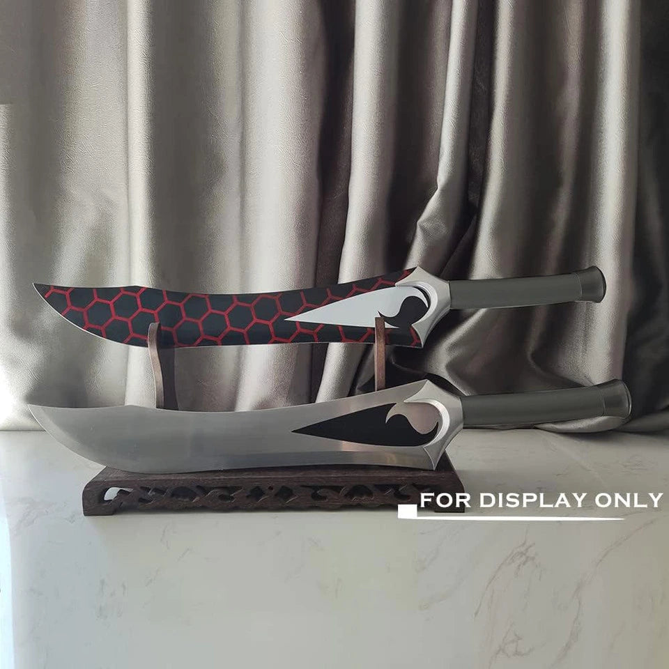 Red honeycomb fantasy machete sword set angled view showing both blades with black tip sheaths and distinctive flame guard design on white background