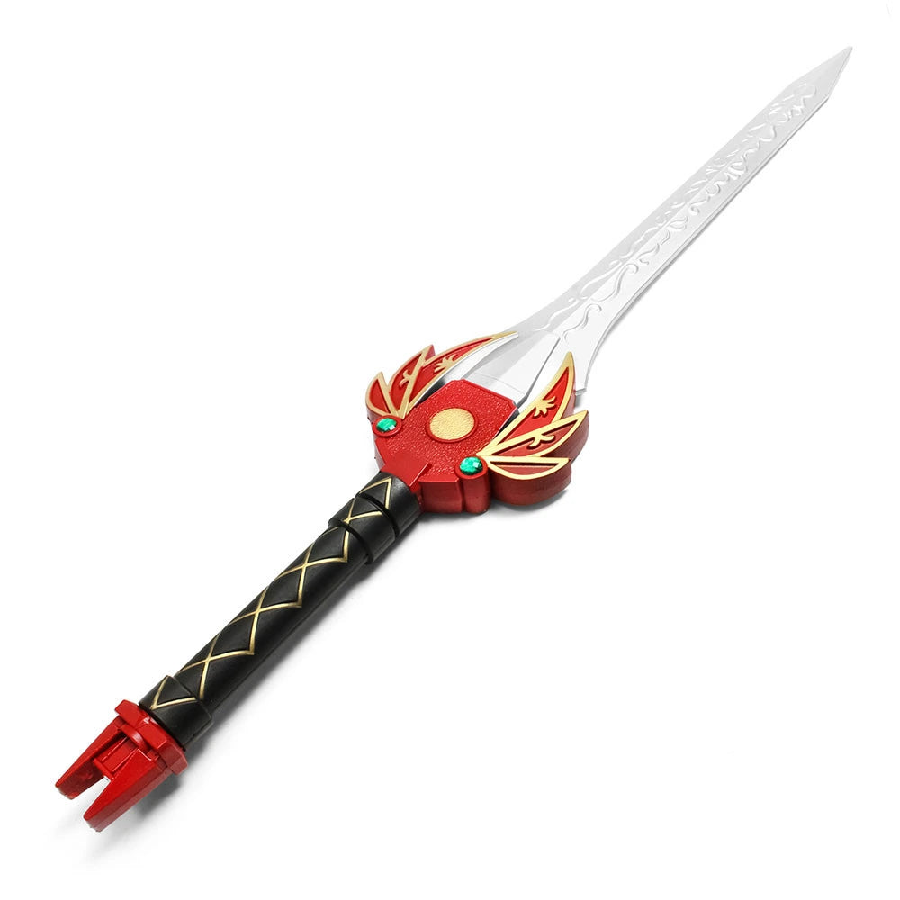 Close-up of the Red Ranger Lightning Foam Sword display collectible showcasing detailed molded accents, metallic-inspired decorative finish, ergonomic textured handle, premium PU foam construction, and screen-inspired craftsmanship from the Power Rangers series.