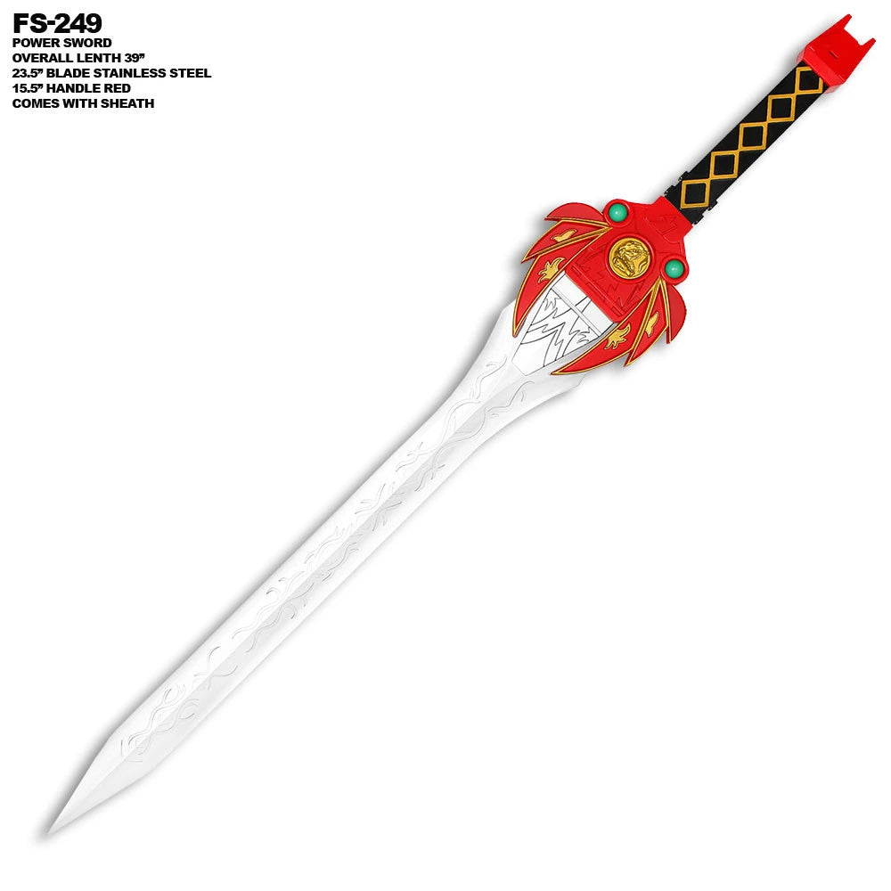 Close-up of the Red Ranger Lightning Sword Power Rangers display collectible featuring intricate decorative engravings, premium stainless steel construction, vibrant character-inspired colors, ergonomic collector grip, and detailed screen-inspired craftsmanship for dedicated Power Rangers enthusiasts.