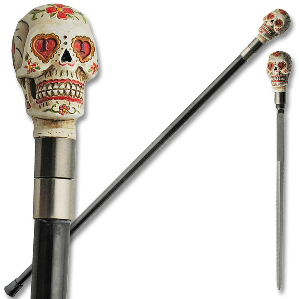 Elegant decorative walking cane featuring a dramatic red skull handle, black shaft and collector-quality finish for gothic home décor and cosplay styling.