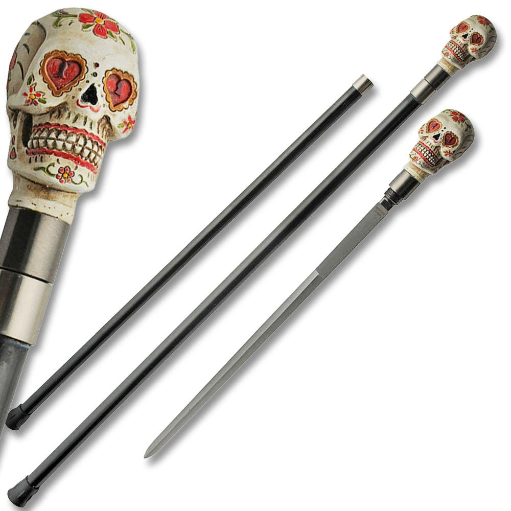 Premium red skull walking cane collectible arranged as a gothic display piece for Halloween décor, fantasy collections and photography setups.