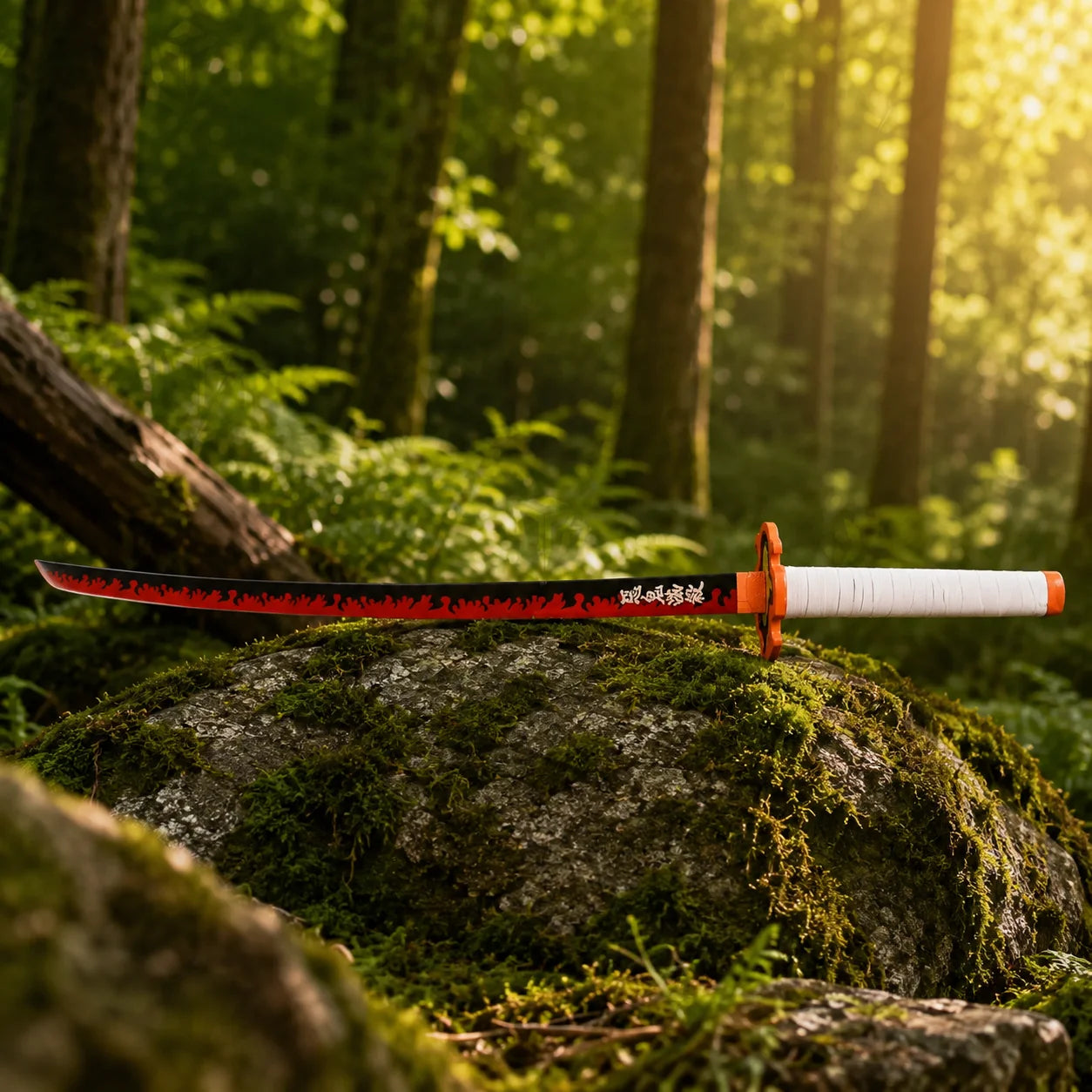 Kyojuro Rengoku flame Nichirin blade prop replica full length view on mossy rock – Kimetsu no Yaiba