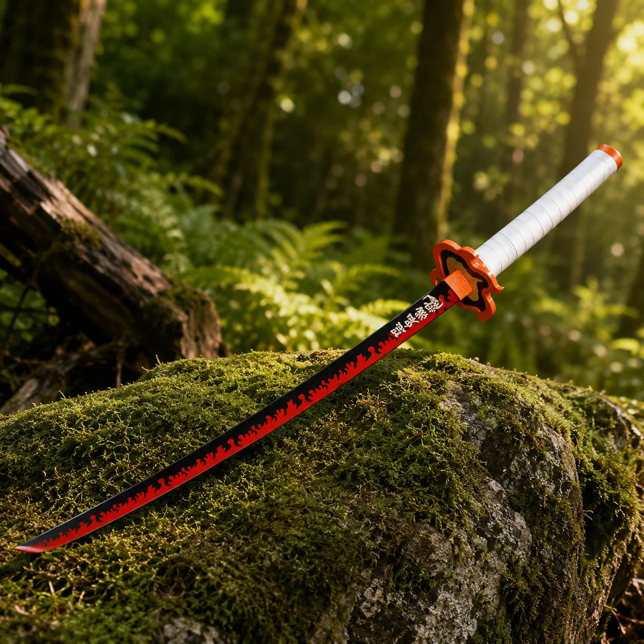 Demon Slayer Rengoku Nichirin sword prop replica resting on fallen log in forest setting