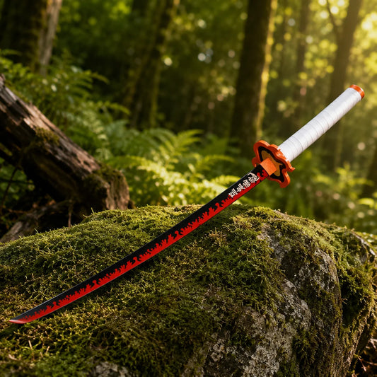 Demon Slayer Rengoku Nichirin sword prop replica resting on fallen log in forest setting