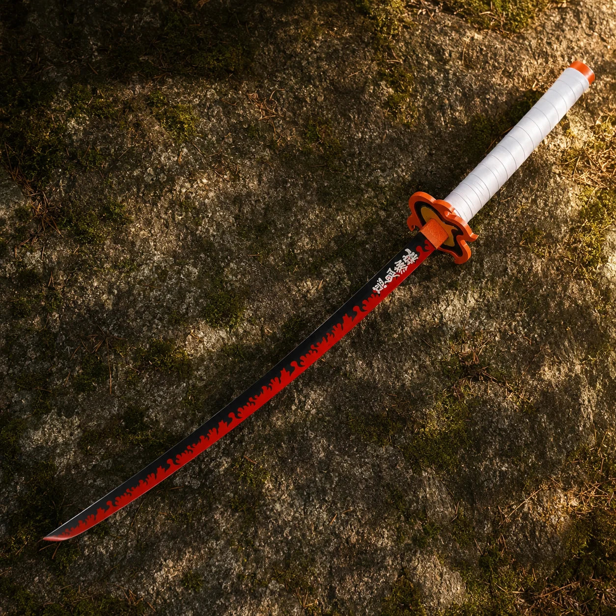 Close-up of Rengoku Nichirin sword kanji engraving and flame detail – Demon Slayer prop replica