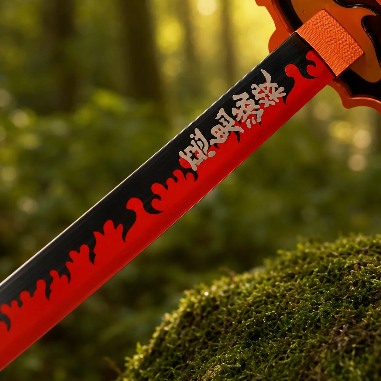 Rengoku Nichirin sword prop replica orange tsuba guard and cord-wrapped handle detail – Kimetsu no Yaiba collectible