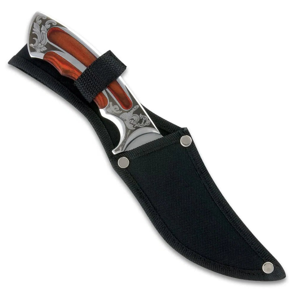 Ridge Runner executive fixed blade knife with 5-inch AUS-6 blade and scrollwork etched handle for EDC