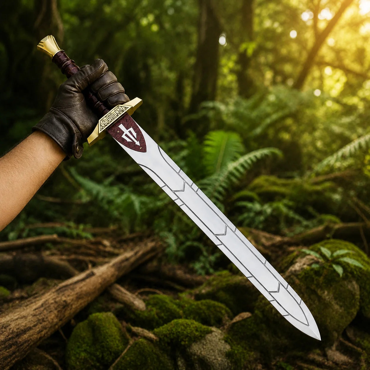 Close-up of Riptide Anaklusmos sword replica crossguard with gold trident engraving and dark leather grip detail