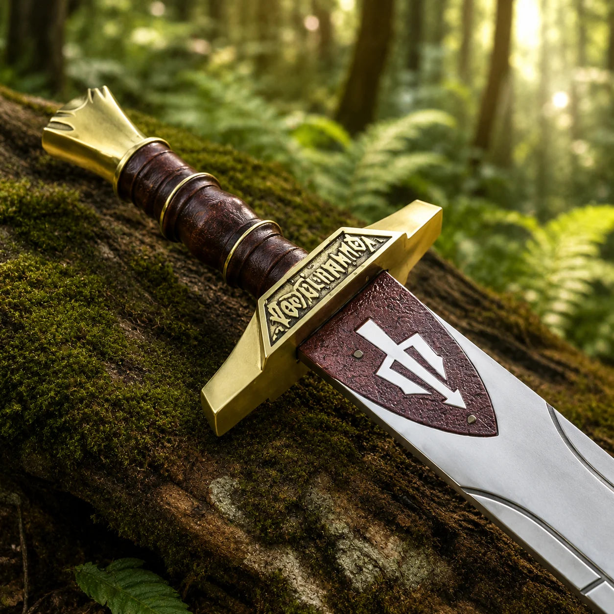 Percy Jackson Riptide sword replica displayed with navy blue leather sheath and Poseidon display plaque on mossy rock in forest