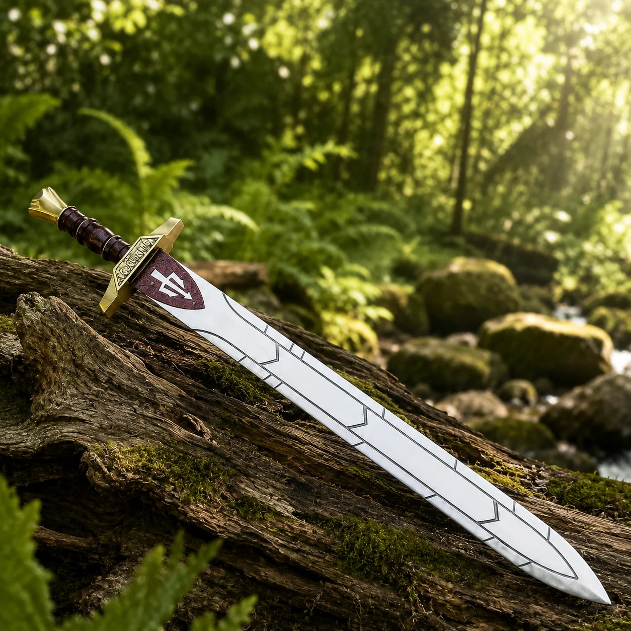Side view of Percy Jackson Riptide sword replica resting on weathered log with forest stream in background