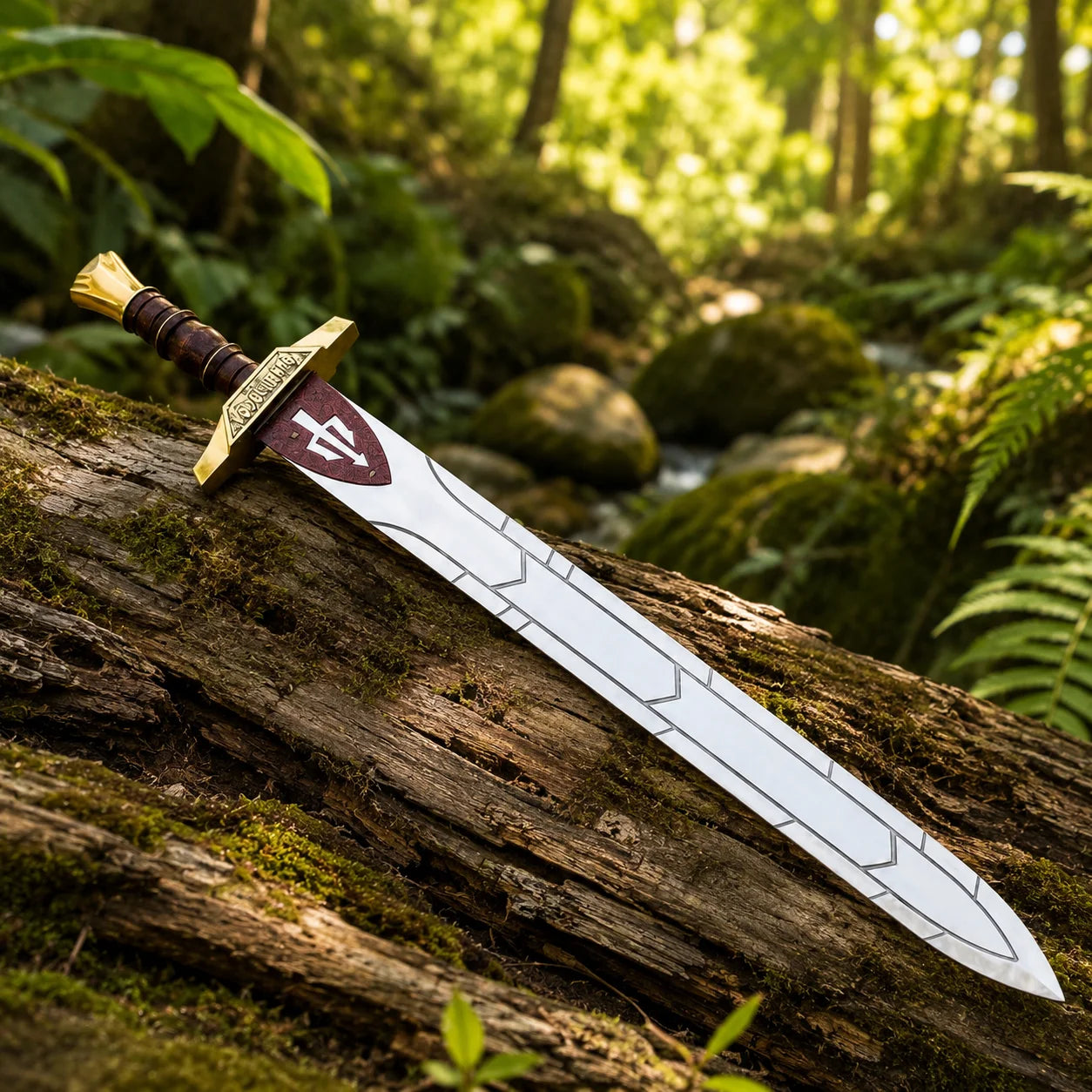 Angled view of Riptide Anaklusmos sword replica showing engraved blade detail on mossy log with fern background