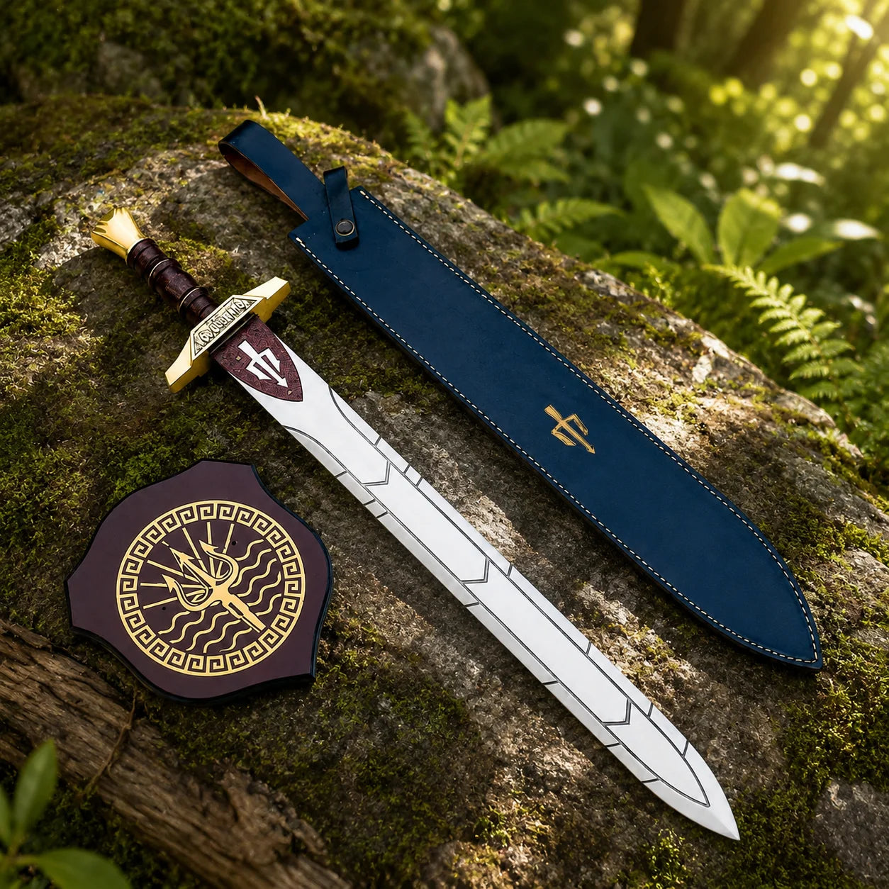 Percy Jackson Riptide Anaklusmos sword replica blade close-up showing geometric etching and polished steel finish in forest