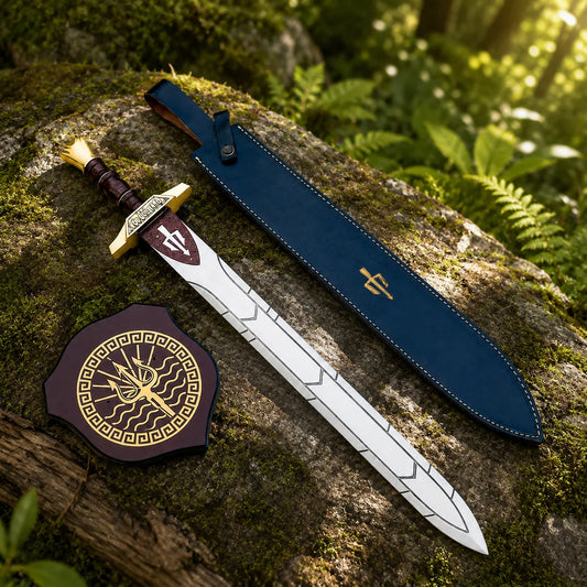 Percy Jackson Riptide Anaklusmos sword replica blade close-up showing geometric etching and polished steel finish in forest