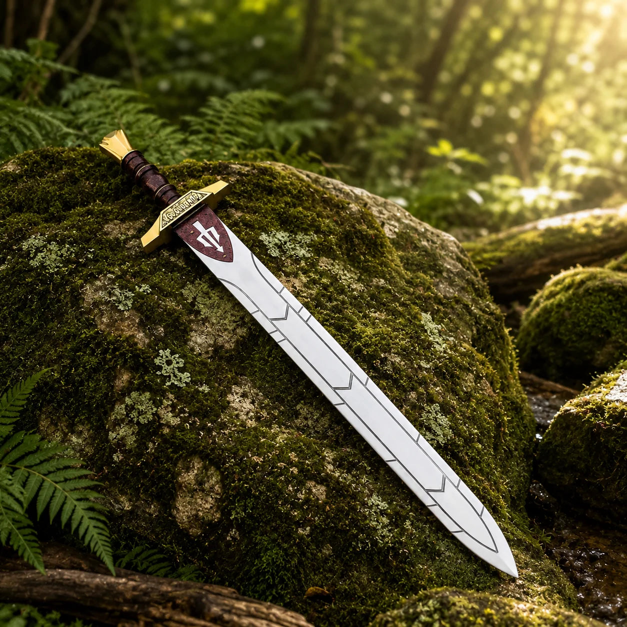 Percy Jackson Riptide Anaklusmos sword replica held in gloved hand against lush jungle forest background