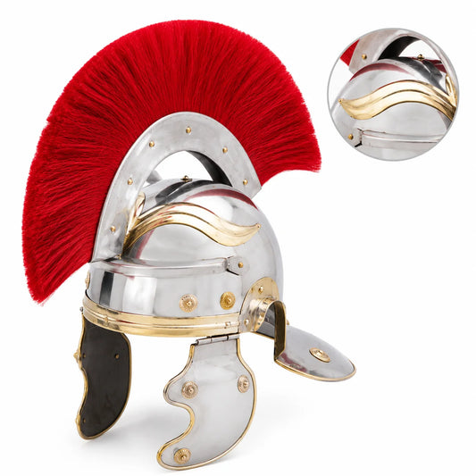Roman Centurion helmet display collectible – side profile showing red plume and brass-tone accents on log