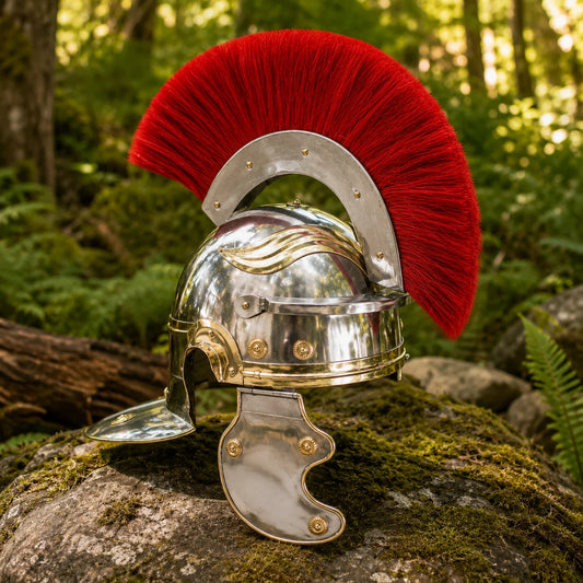Roman Centurion helmet prop replica – close-up of hinged cheek guard with decorative brass rivets