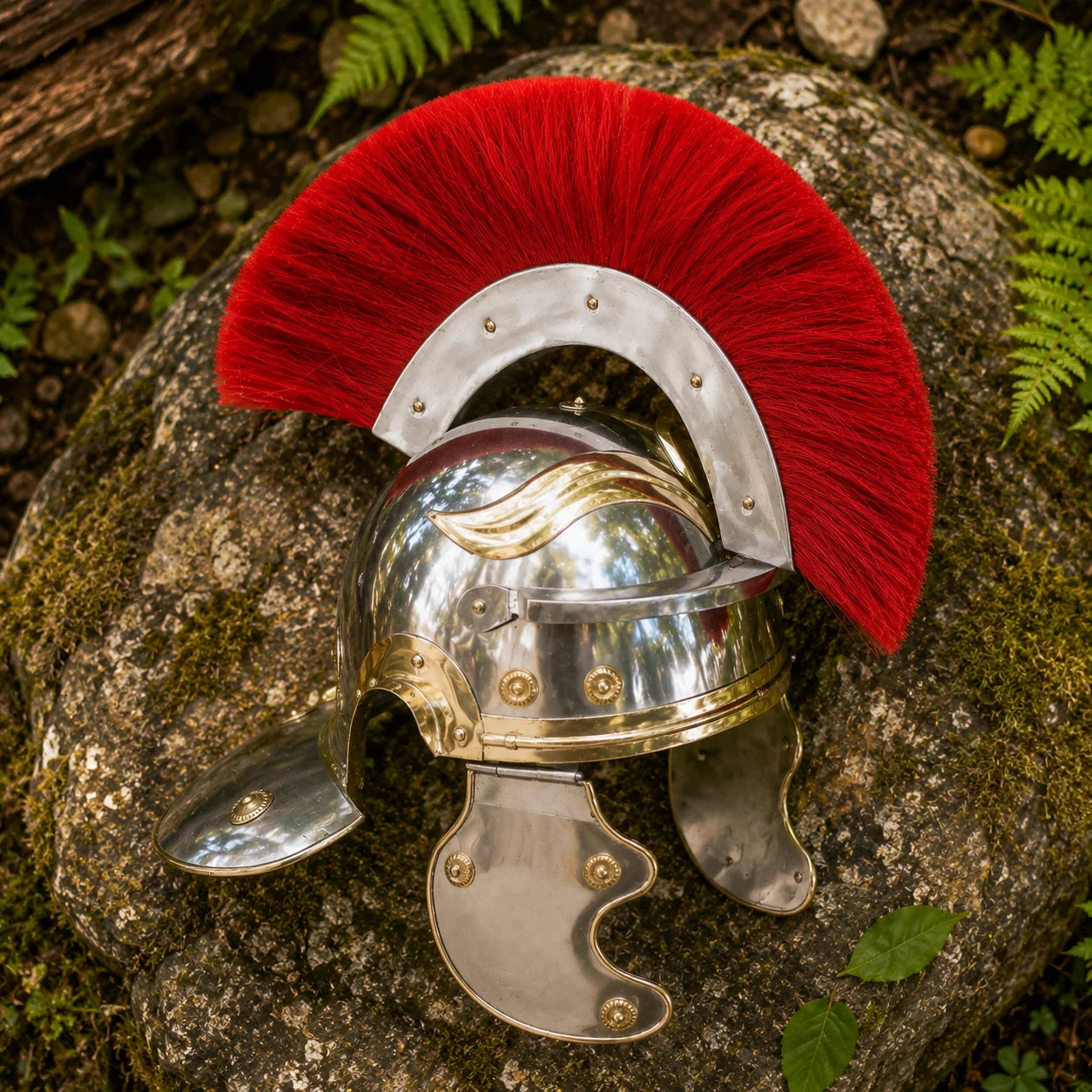 Roman Centurion helmet display collectible – three-quarter view showing full red crest and brass fittings in forest