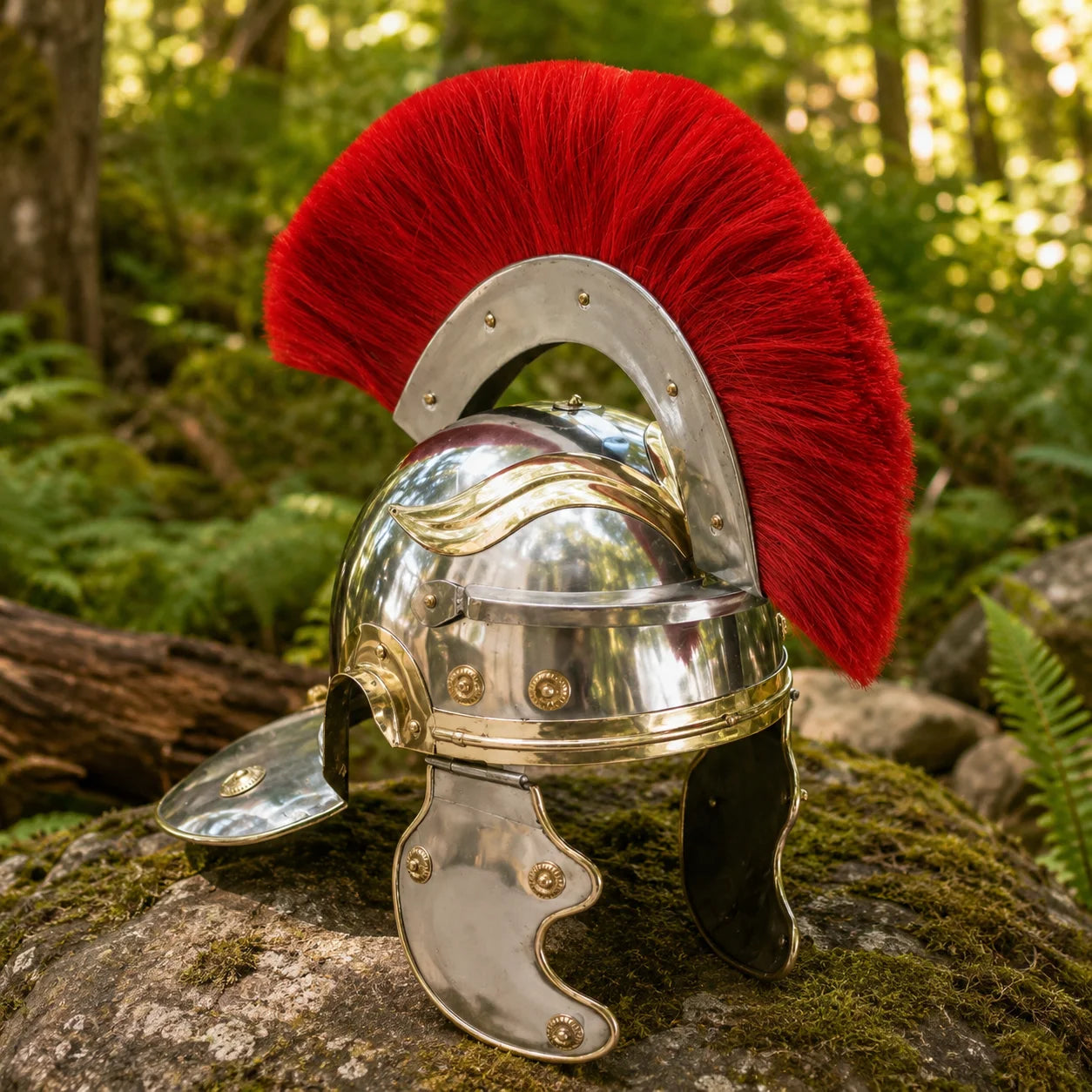 Roman Centurion red crest helmet decorative replica – dramatic full view on mossy stone in woodland setting