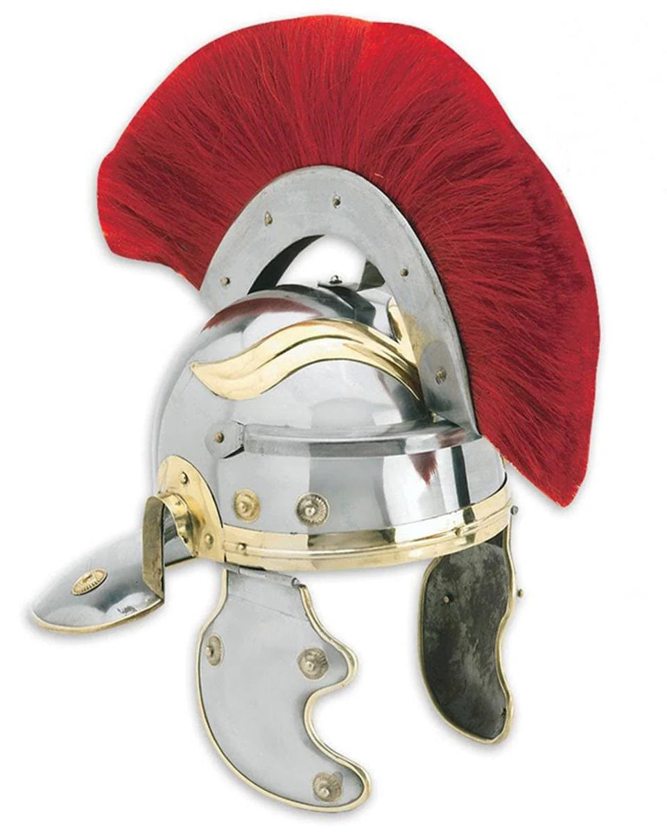 Roman centurion helmet with crest – authentic 18-gauge carbon steel replica with black horsehair plume, brass eagle fittings & padded liner | Legion commander helm for reenactment and collectors