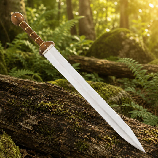 Side view of Roman Gladiator Gladius prop replica resting on mossy rock – decorative display piece