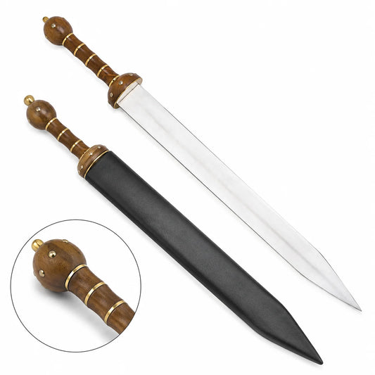 Roman Gladiator Gladius prop replica leaning on mossy log in forest – Spartan warrior display collectible