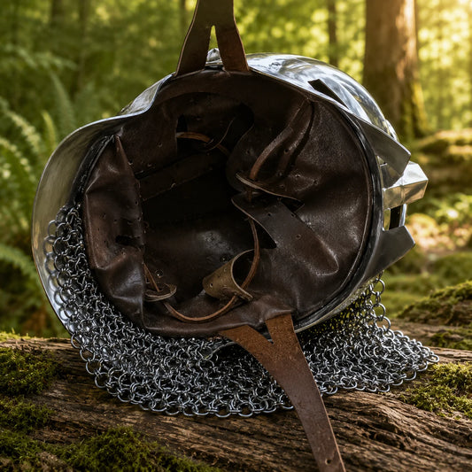 Roman Gladiator Maximus helmet replica front face-on view on mossy rock in sunlit forest – Gladiator display collectible