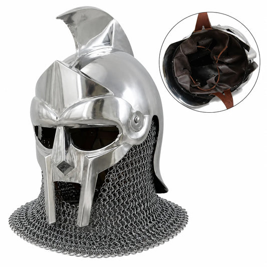 Roman Gladiator Maximus helmet replica interior dark leather liner and lace-up straps close-up on mossy rock