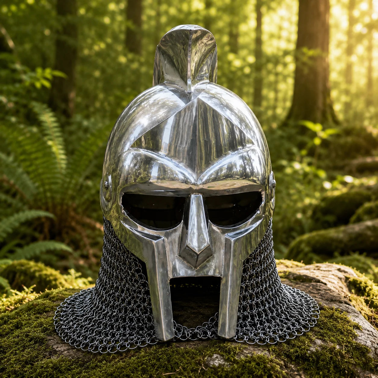 Roman Gladiator Maximus helmet replica three-quarter right angle view with crest on mossy log in forest – Gladiator collectible