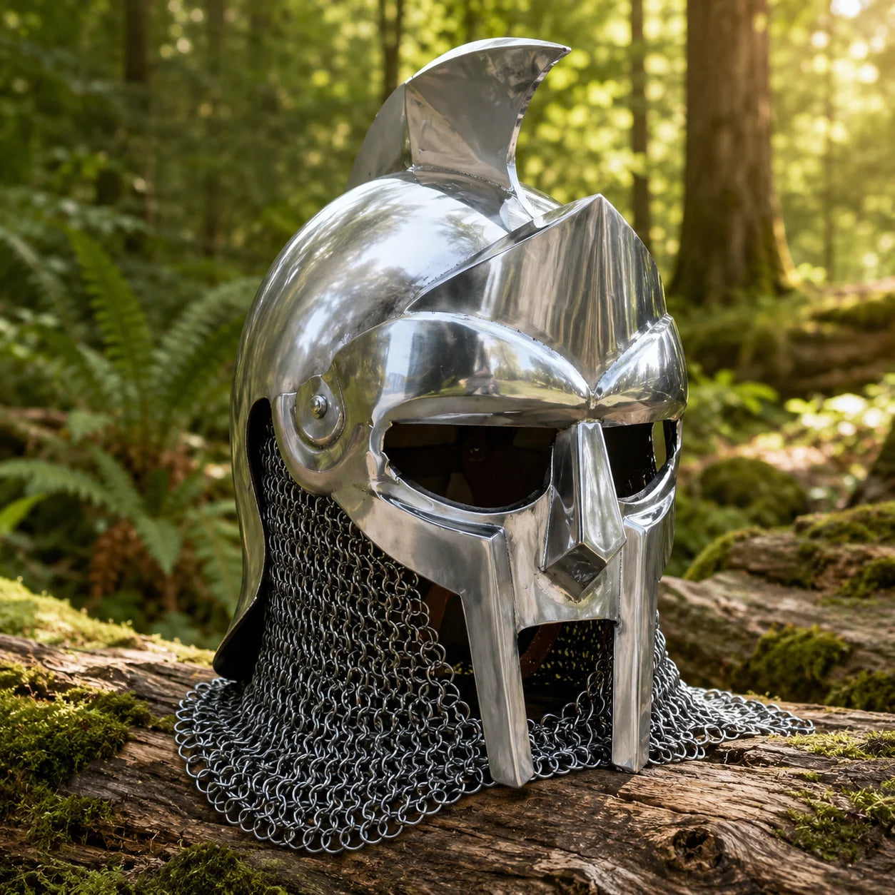 Roman Gladiator Maximus helmet replica side profile showing crest and full chainmail aventail on mossy log in forest