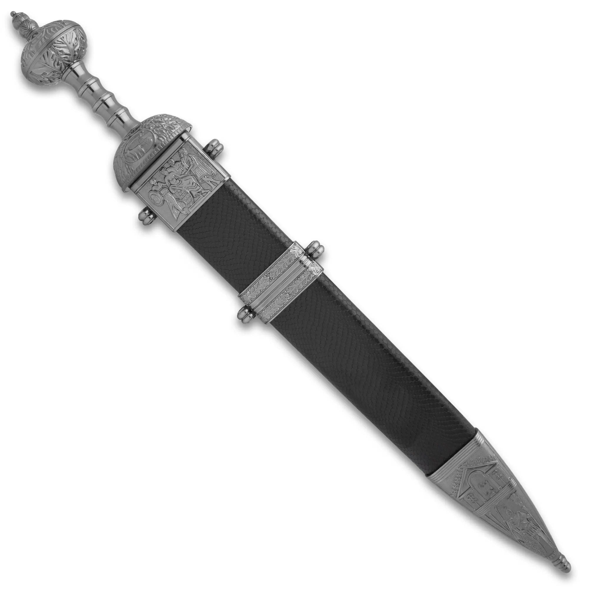 Gladiator sword – Maximus Roman gladius from Gladiator movie with 19.5" carbon steel blade, lion pommel, ribbed metal handle & black leather scabbard | Authentic Pompeii gladius for cosplay and reenactment