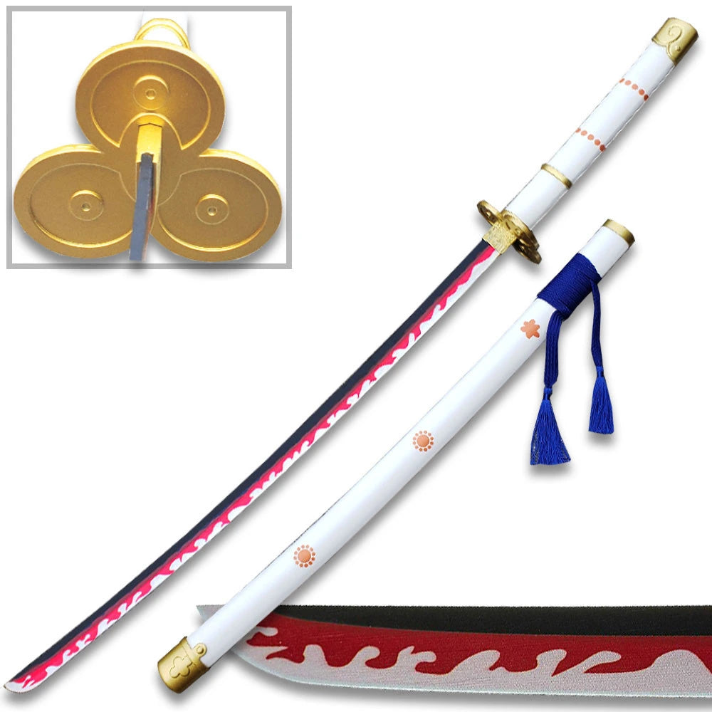 Close-up of Ame no Habakiri katana handle with white wrapping and decorative guard inspired by One Piece styling