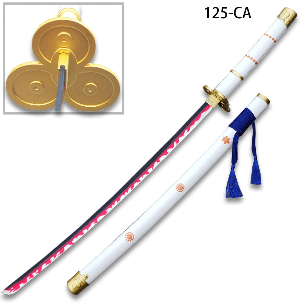Roronoa Zoro sword display piece presented beside its white scabbard for cosplay photography and collector room décor