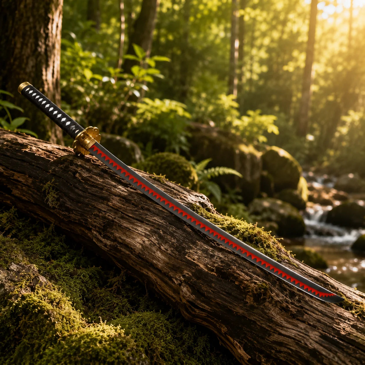 Roronoa Zoro One Piece sword replica with black blade and red serrated edge resting on a mossy forest log