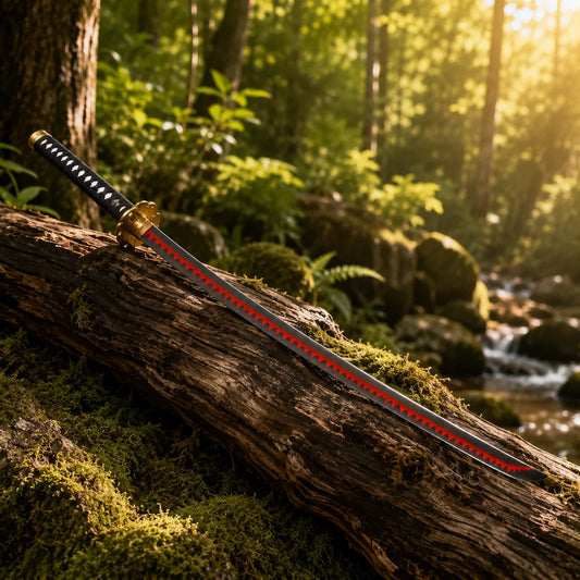 Roronoa Zoro One Piece sword replica with black blade and red serrated edge resting on a mossy forest log