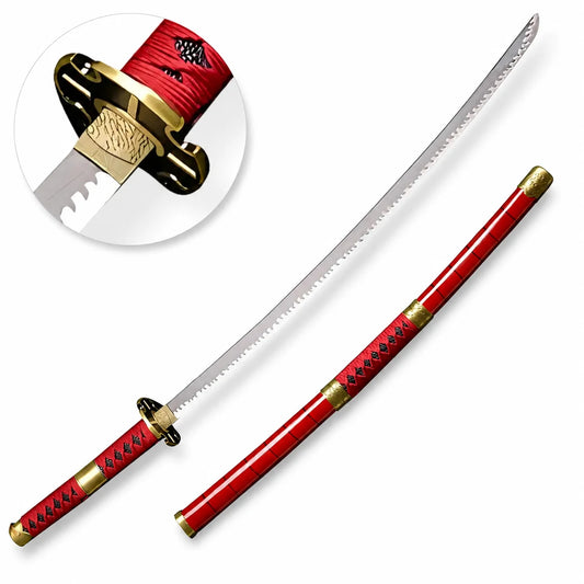 Roronoa Zoro Wado Ichimonji One Piece sword replica with white tsuka wrap and gold tsuba resting on mossy forest rock in golden sunlight