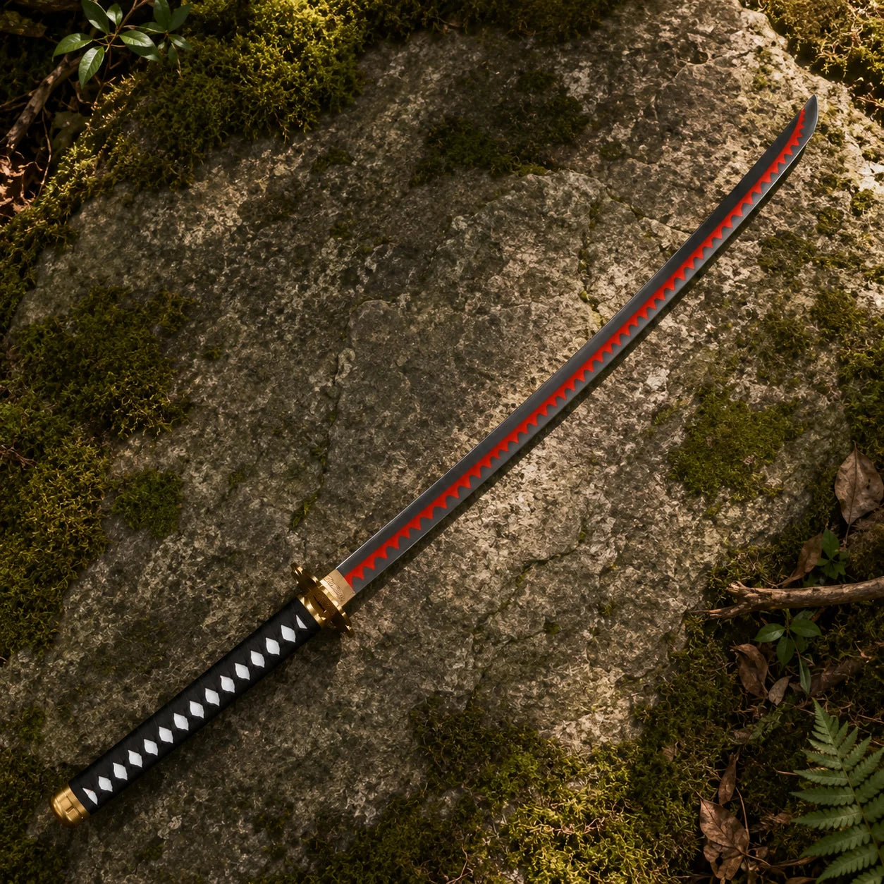 Reverse angle view of Roronoa Zoro Wado Ichimonji One Piece sword replica with white handle on mossy forest rock surrounded by lush greenery