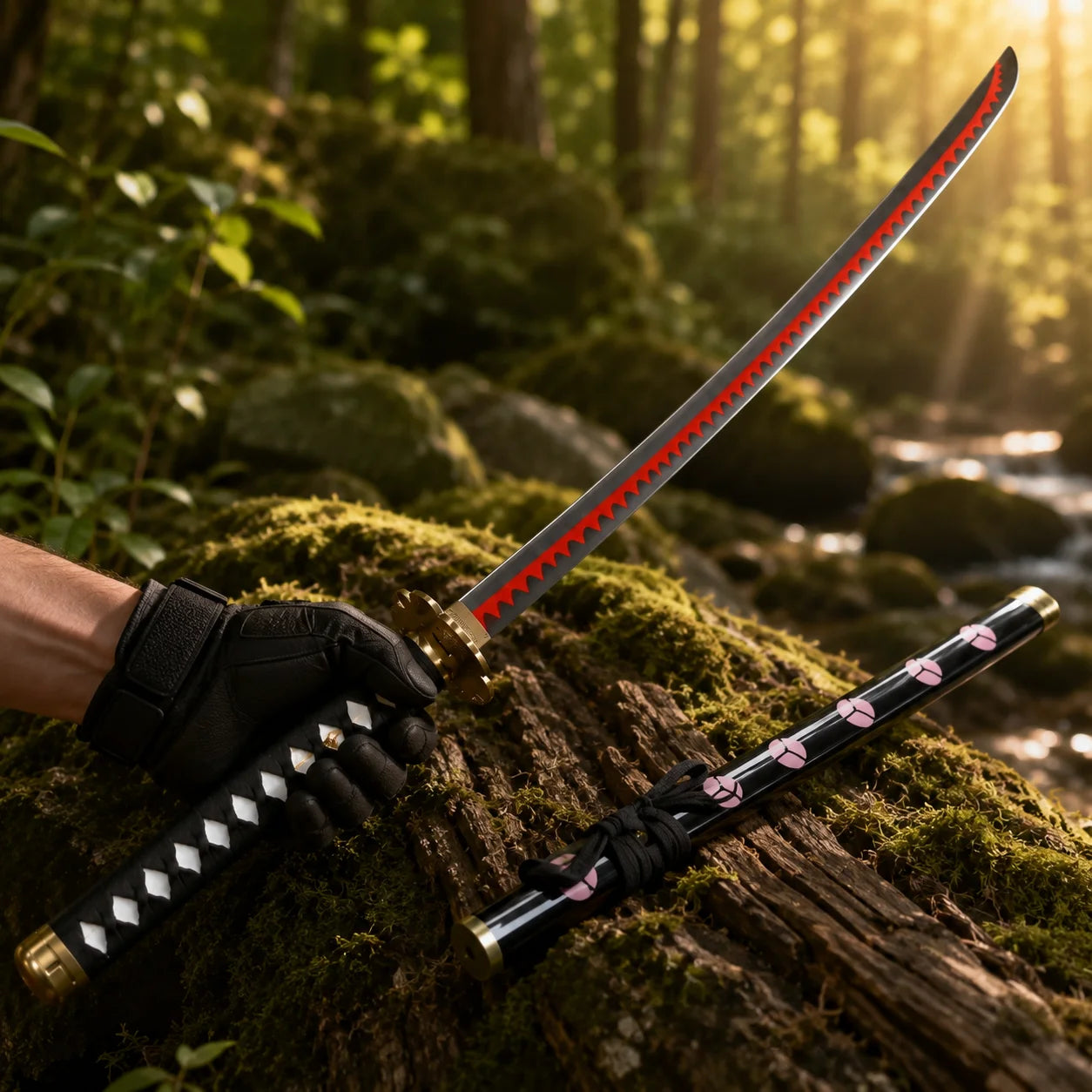 Full product view of Roronoa Zoro Wado Ichimonji One Piece sword replica showing white scabbard, white tsuka wrap with black diamond pattern, gold fittings and tsuba close-up inset