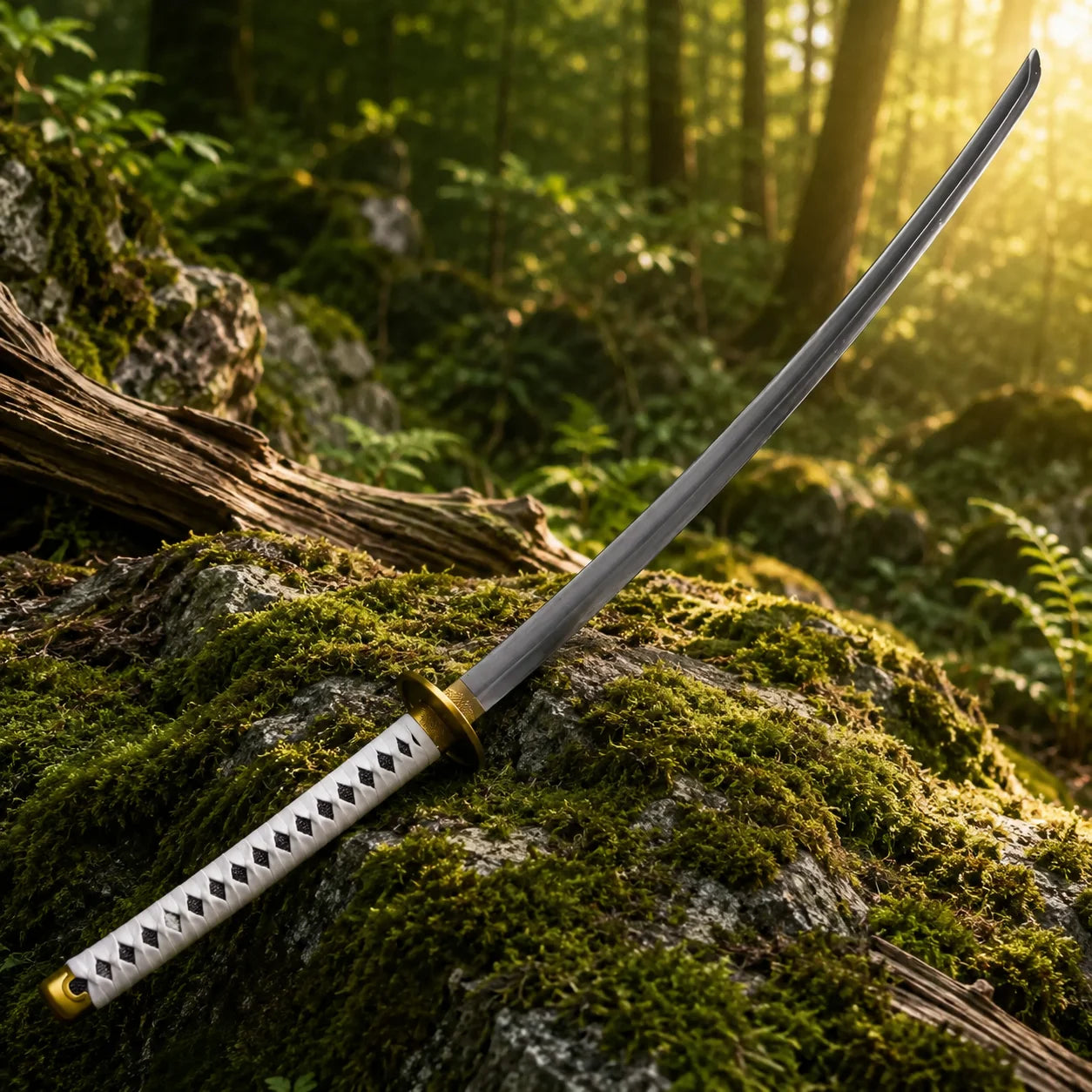 Close-up of Roronoa Zoro Wado Ichimonji One Piece sword replica showing white tsuka-ito wrap with black diamond menuki and engraved gold tsuba in forest setting