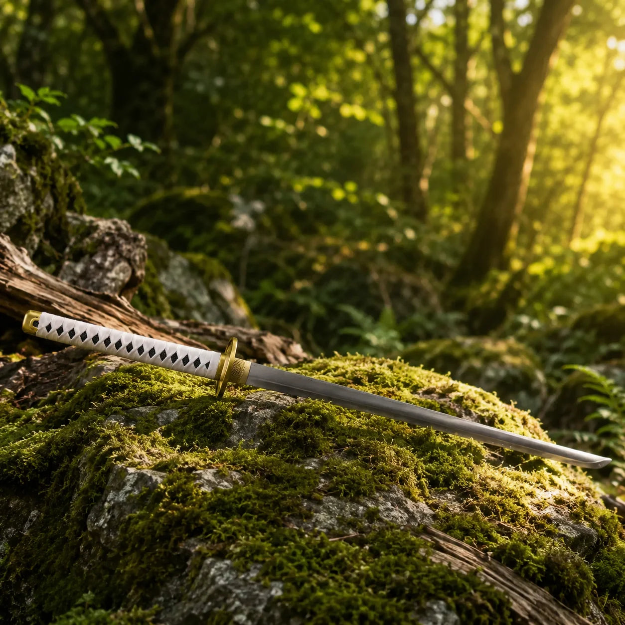 Blade tip detail of Roronoa Zoro Wado Ichimonji One Piece sword replica resting on mossy rock with bokeh forest background