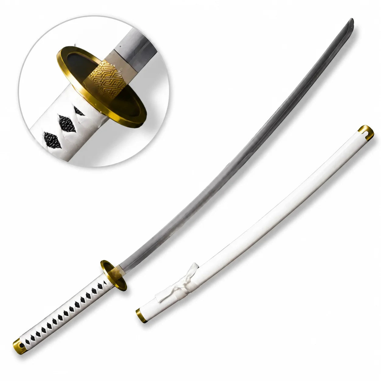 Detail shot of Roronoa Zoro Wado Ichimonji One Piece sword replica handle and circular gold tsuba guard with engraved geometric pattern in sunlit forest