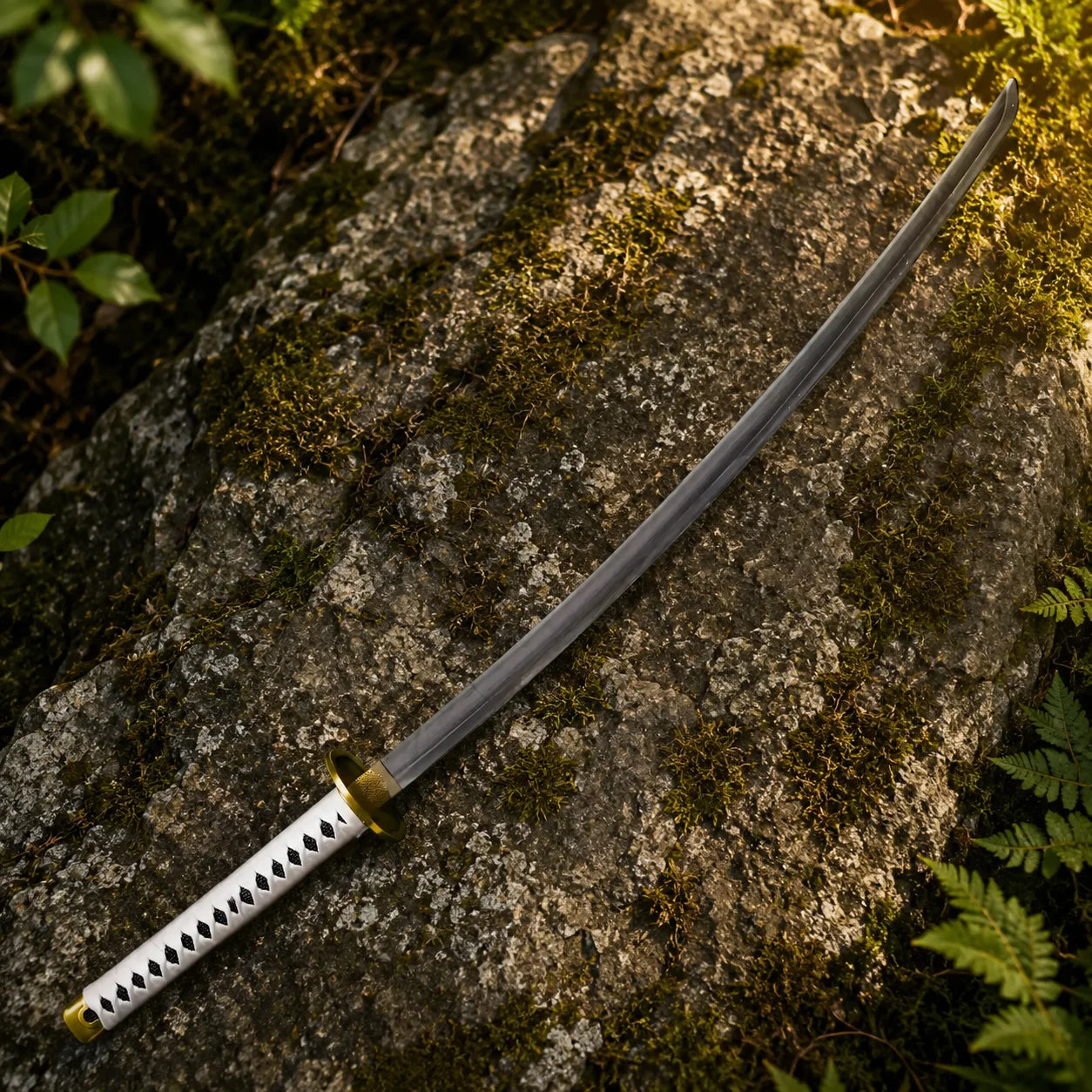 Full length display of Roronoa Zoro Wado Ichimonji One Piece sword replica on mossy forest rock with ferns and warm golden light