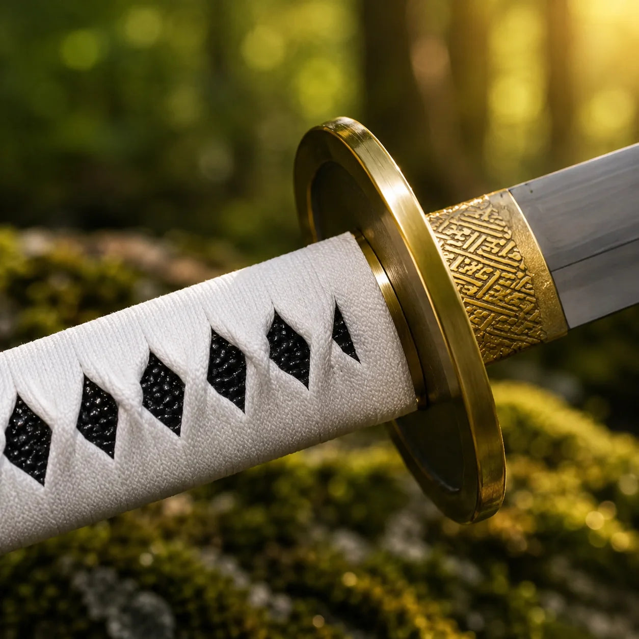 Angled view of Roronoa Zoro Wado Ichimonji One Piece sword replica showing blade and white handle on mossy rock in natural forest environment