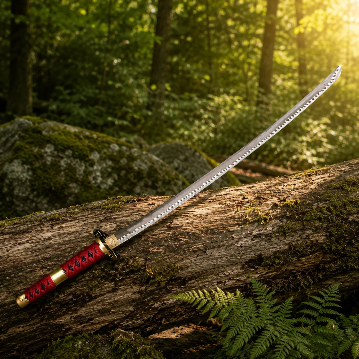 Close-up of Roronoa Zoro One Piece sword replica handle with black and white diamond tsuka-ito wrap and gold brass fittings