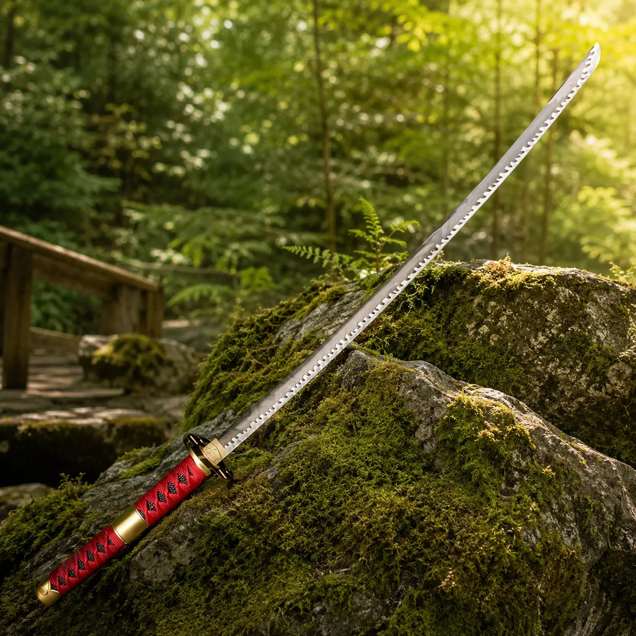 Full length view of Roronoa Zoro One Piece sword replica with black blade and red edge detail displayed on mossy forest rock