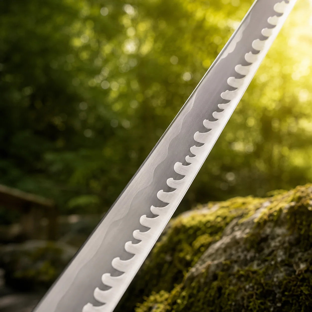 Close-up of Roronoa Zoro One Piece sword replica blade showing distinctive red serrated edge detail against forest background